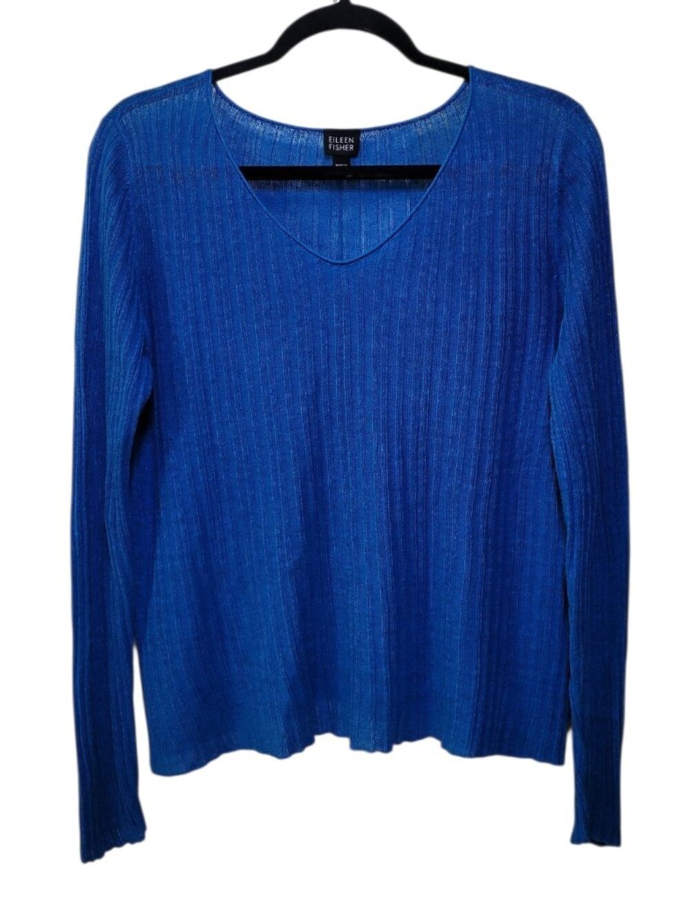 Eileen Fisher Blue Linen Ribbed V Neck Sweater Top Long Sleeve Lightweight M